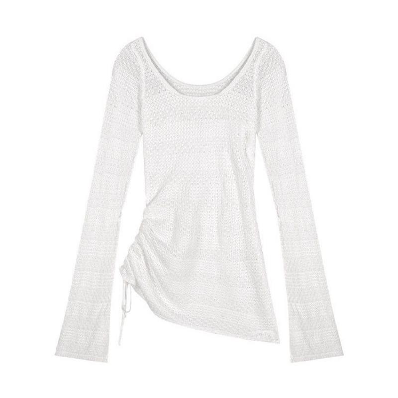 Autumn Sexy Mesh Long Sleeve Sweater Women Summer New French Hollow Thin Sunscreen Tops Korea Chic Knitted Casual Beach Pullover