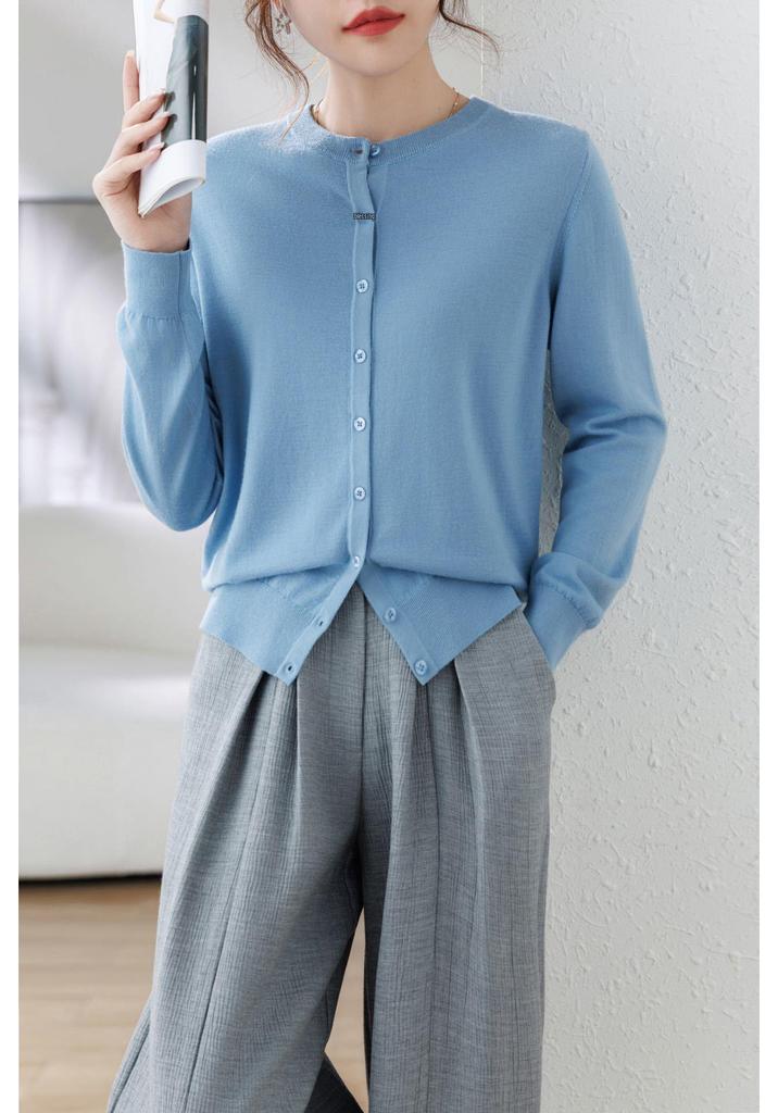 Women's 100% Wool Loose Knit Cardigan - Solid Color, Round Neck, Long Sleeve, Machine Washable Versatile Top