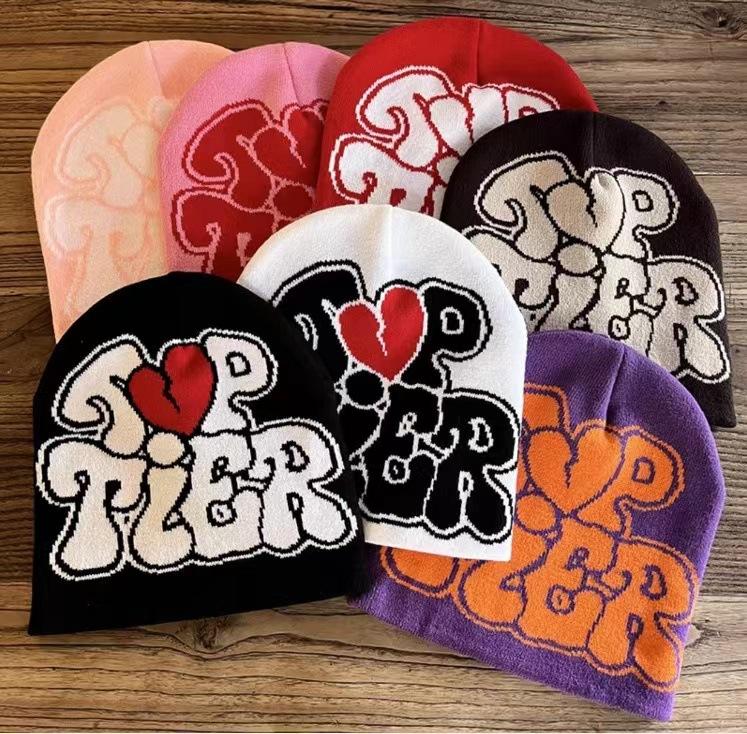 Casual Hip Hop Style Cap Bold Black Lettering with Red Heart Graphic Custom Logo Elastic Knitted Unisex Jacquard Beanie