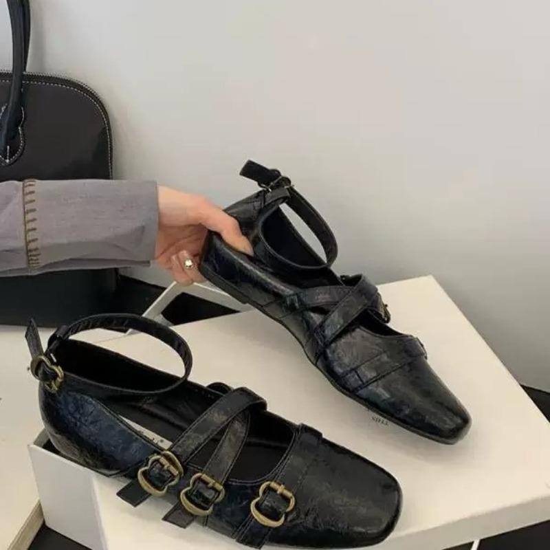 

Fashion Square Toe Shallow Mouth Metal Buckle Heightened Soft Sole Anti-slip Wear-resistant Low Heel Single 40 чёрный