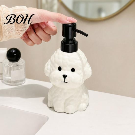 Shampoo Dispenser Bottle 400ML Ceramic Dog Soap with Plastic Pump, Puppy Shape Refillable Pump Head Liquid Hand Container, Empty Shower Gel Lotion for