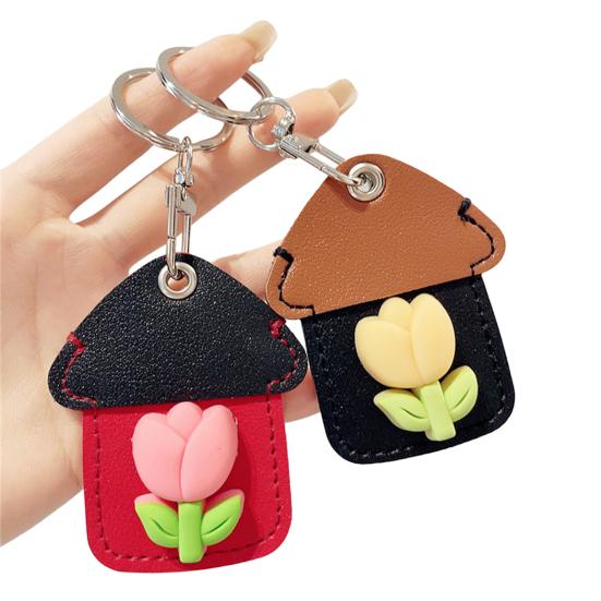 2Pcs Elegant Tulip Key Holder Faux Leather House Shape Keychain