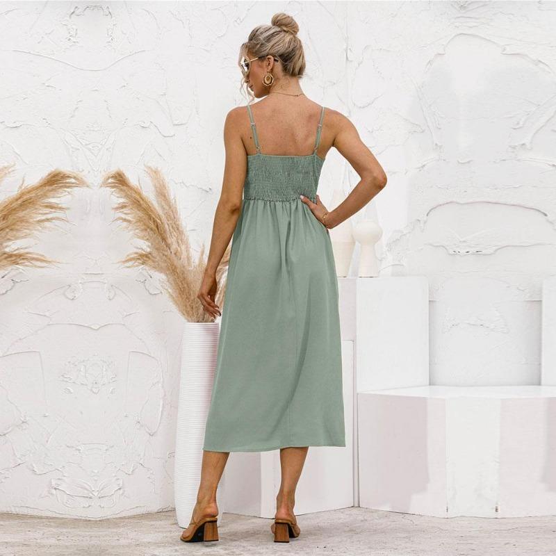 Jaro Léto Jednobarevné Dlouhé šaty Ženy Ležérní Špagety Pásek do A Bez rukávů Vysoký pas Tenký knoflík Sladké S-XL