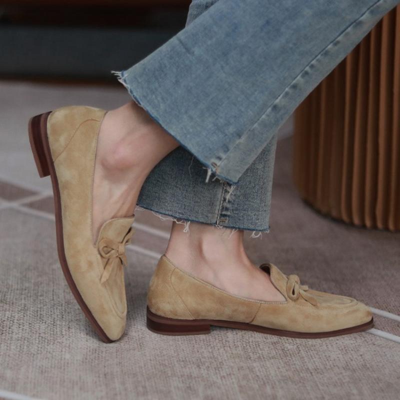 Fashion Spring/Autumn Women Loafers Sheep Suede Leather Shoes for Women Round Toe Chunky Heel Shoes Casual Bow-knot Low Heel Women Pumps
