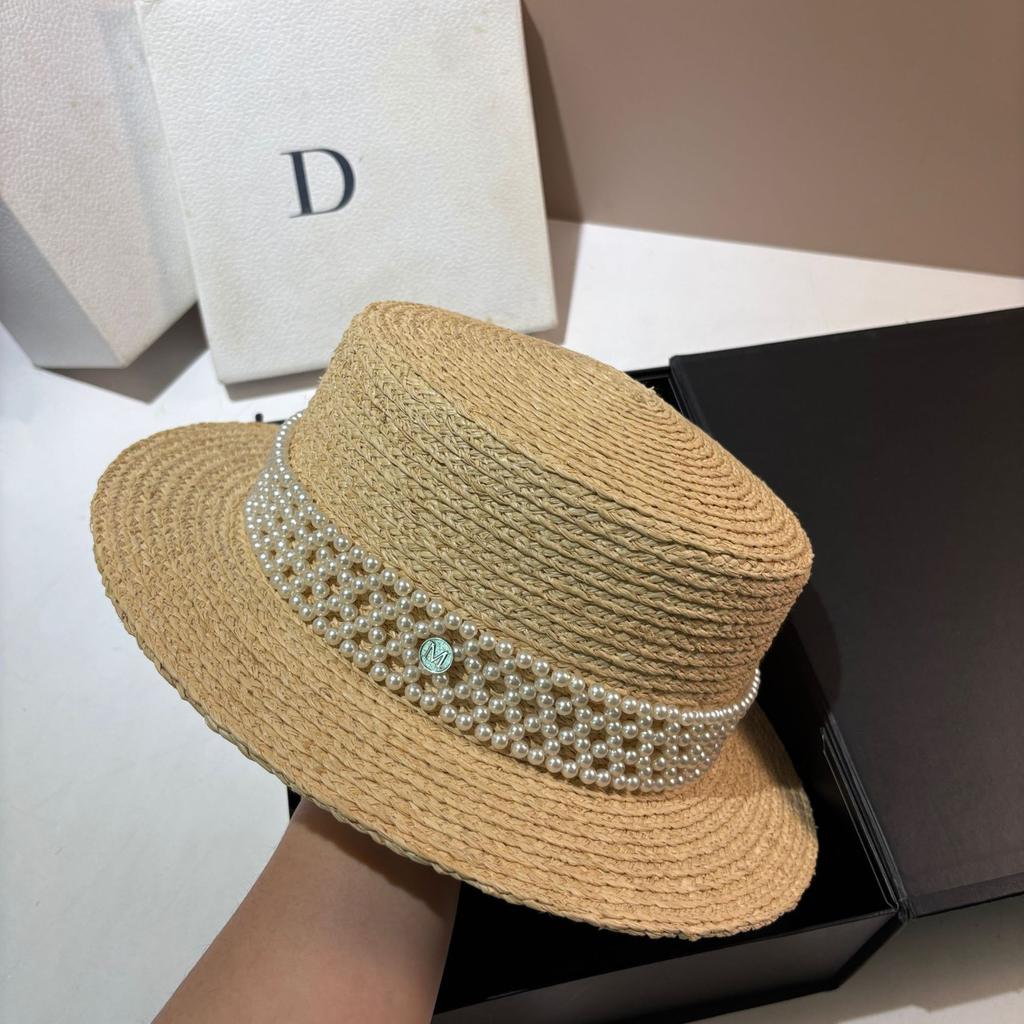 Summer Natural Raffia Flat Top Hat Big Brim Woven Sunshade Sun Protection Straw Hat Fashion Small Fragrance Heavy Industry Pearl Hat