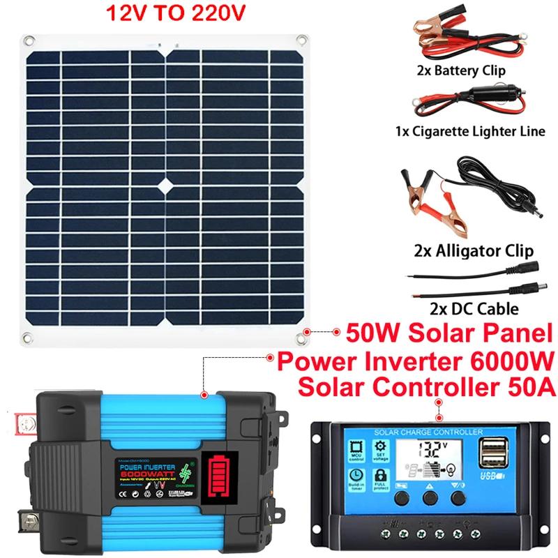 12V to 110/220V Solar Panel System 18V 50W Sola Pane+50A Controller+6000W Modified Sine Wave Inverter Kit Power Generation Kits