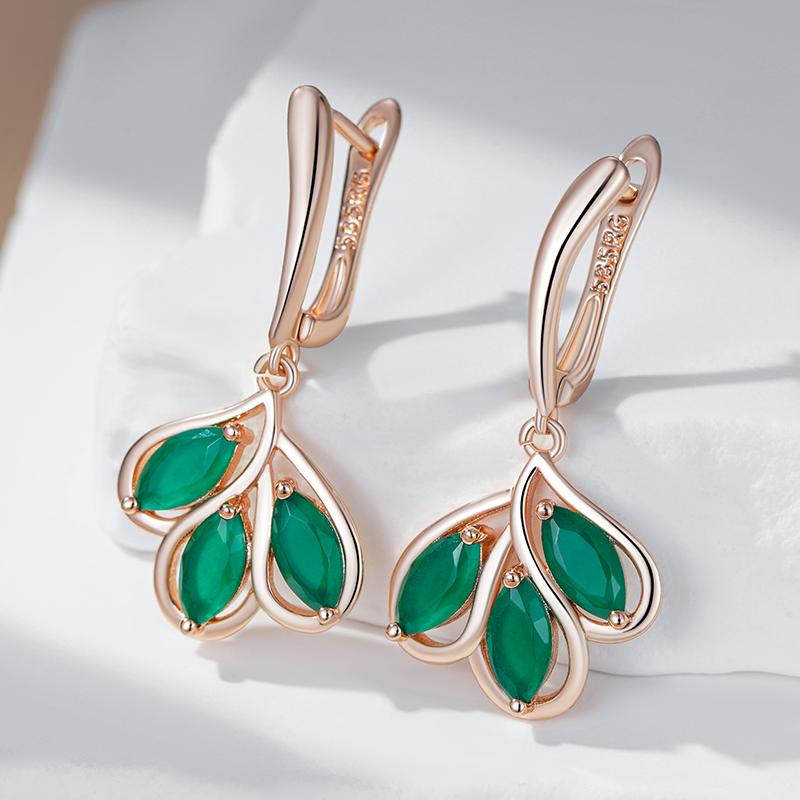 Green Crystal Flower Drop Earrings For Women Luxury  Rose Gold Color Natural Zircon Accessories Vintage Jewelry