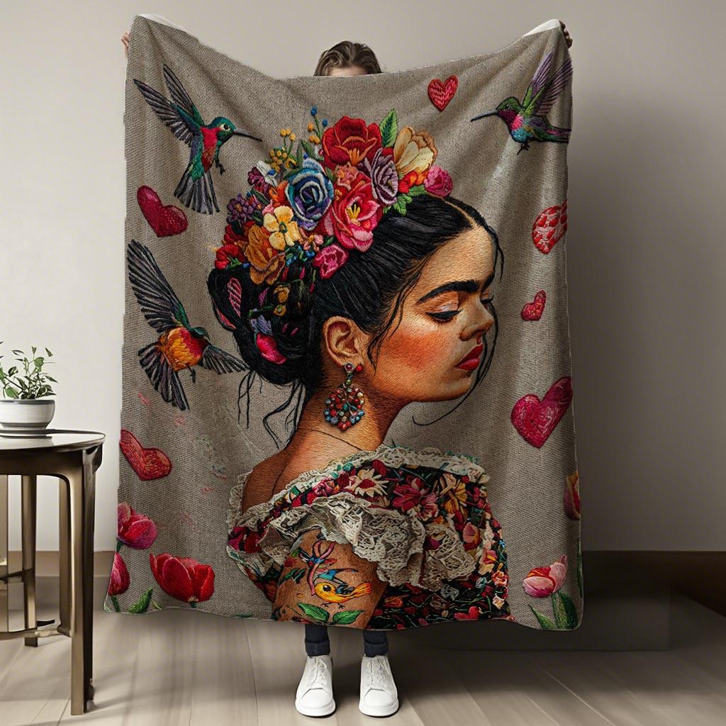 English: Modern Mexican Women Tattoo Print Art Blanket - Large Soft All-Season Multi-Purpose Throw for Bed, Sofa, Travel & Gift