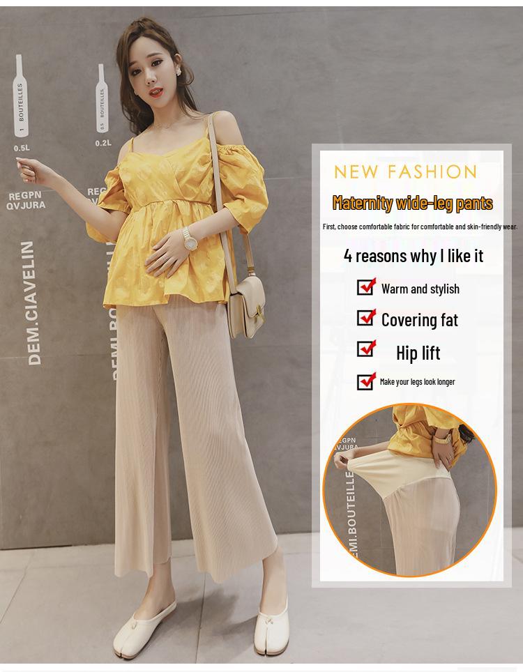 Cool Ice Silk Wide-Leg Pleated Maternity Crop Pants