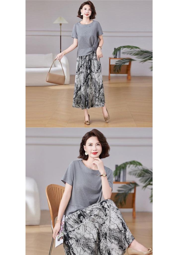 Elegant Summer Midi Dress for Moms - Short Sleeve, Age-Reducing Style for Middle-Aged and Elderly Women.