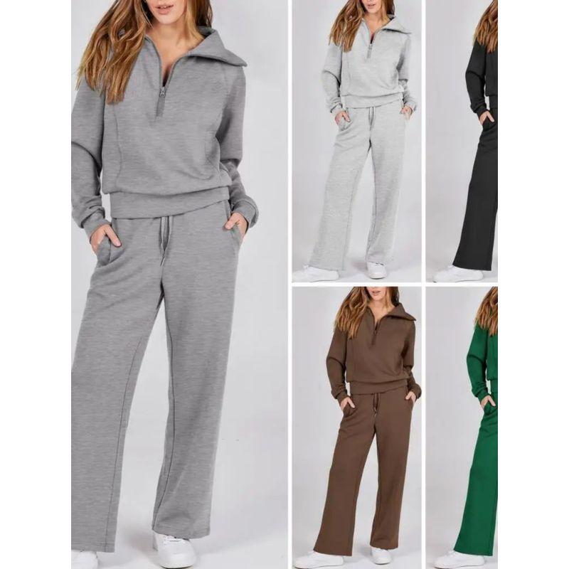 Half Zip Hoodie Wide Leg Pants Set Casual Half Zip Sweatshirt Loose Pants Suit