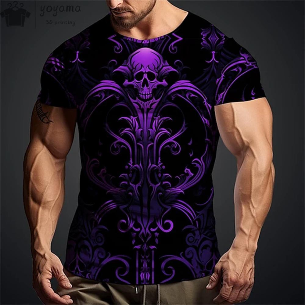 Summer Round Neck 3D Vintage Horror Skull Pattern Print Top Fashionable Casual Short Sleeved Men's T-shirts