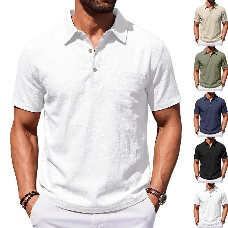 Men's Summer Men's Beach Linen Polo Shirt Loose Casual Simple Lapel Short Sleeve Men