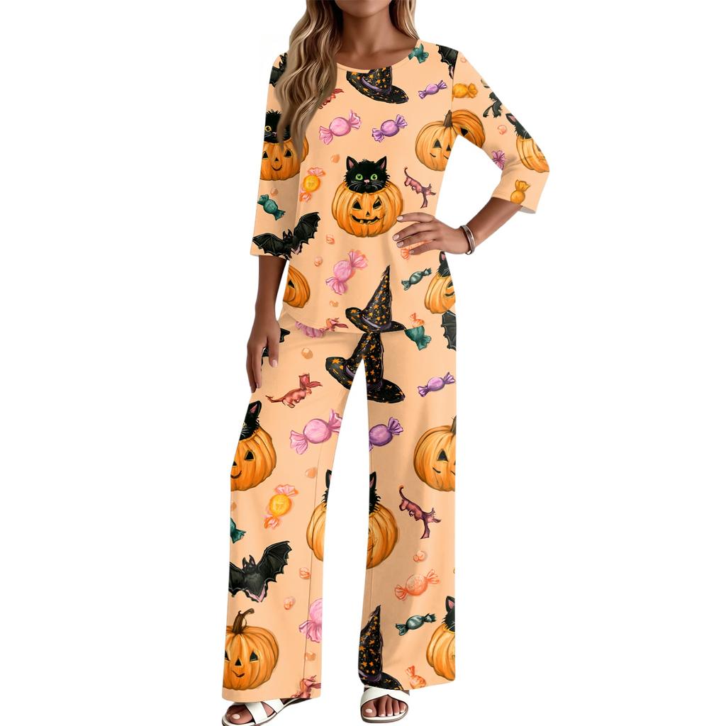 Women's Casual 2 Piece Outfit Neck Loose Fit Top with 3/4 Sleeves and Pants for Everyday Wear