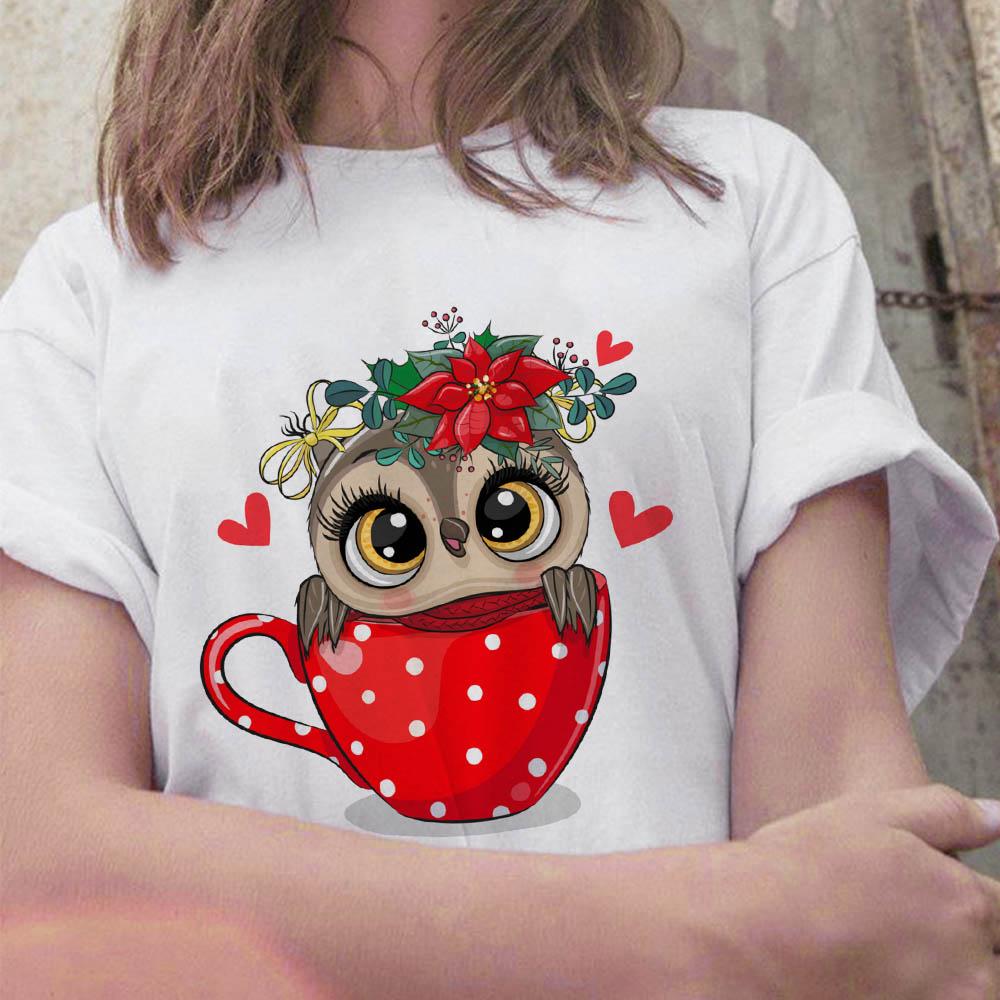 Summer 2025 New Tops Trend Cute Owl Print Ladies T-Shirt Casual Basics Round Neck White Short Sleeve Ladies Tshirt