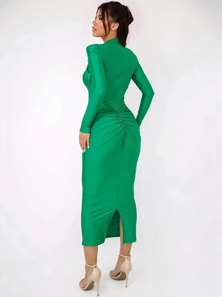 Hollow Out Long Sleeve Sexy Maxi Dress For Women Gown Autumn Winter New Metal Buckle Ruched Slit Long Dress Elegant