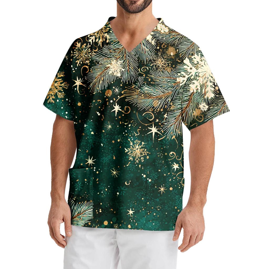 Bedrucktes kurzärmliges Herren-Arbeitsbluse mit V-Ausschnitt und Brusttasche für Pfleger