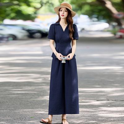Design Sense Fashion Suit Women's  New Temperament Waist Thin Short-sleeved Shirt Wide-leg Pants Two-piece Set