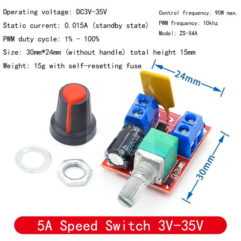 

Міні регулятор швидкості ШІМ для двигуна постійного струму 3В6 12 24 35В, перемикач керування швидкістю, диммер для світлодіодів 5А
