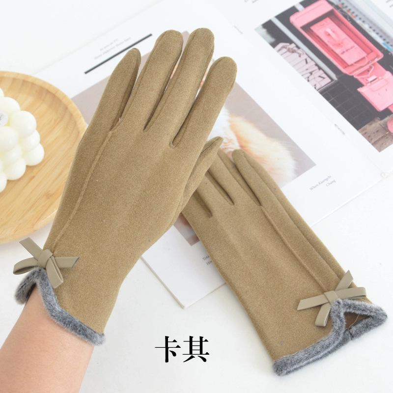 Handschuhe Damen Herbst und Winter Deutscher Samt Koreanische Version Schleife Samt Verdickt Fahren Reiten Winddicht Warm Kälte Touchscreen-Handschuhe