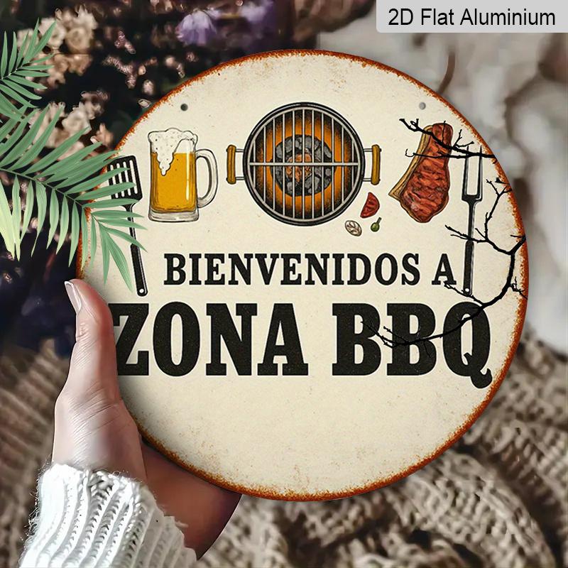 2D Flat, 1pc 7.87x7.87 Inch Round Aluminum Sign, Retro BBQ Beer Party Plaque for Grill Theme Decorations in Kitchens, Dining Rooms, Outdoor Patios