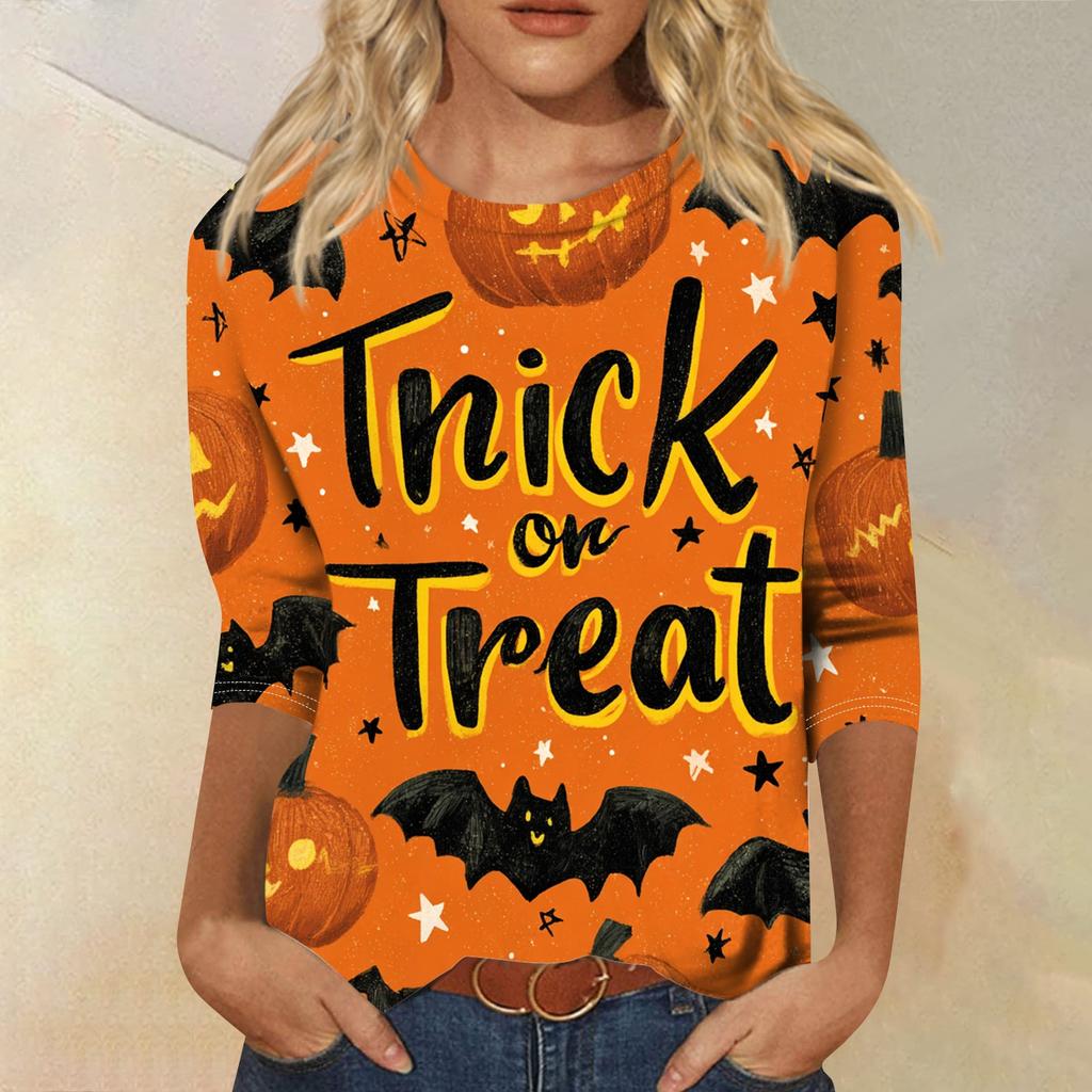 Women's Fashion Casual Round Neck Three-quarter Sleeve Halloween Printed T-shirt Top