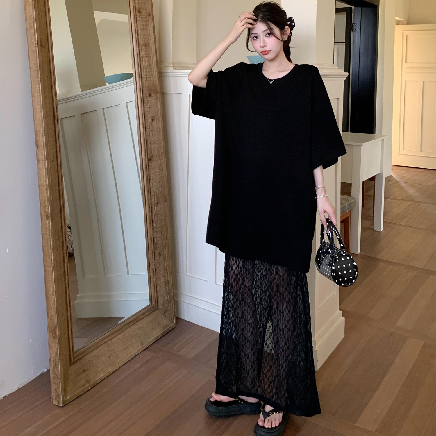 

DIMANAF 2025 Summer Plus Size Dress Women Vintage Dress Basic Long Lace Spliced Elegant Loose Casual Black Dress L чорний