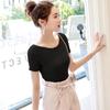 Women Summer Knitted Ice Silk T-Shirt Tops Short Sleeve Slim Fungus Leaf Collar High Waist Solid Color Cool