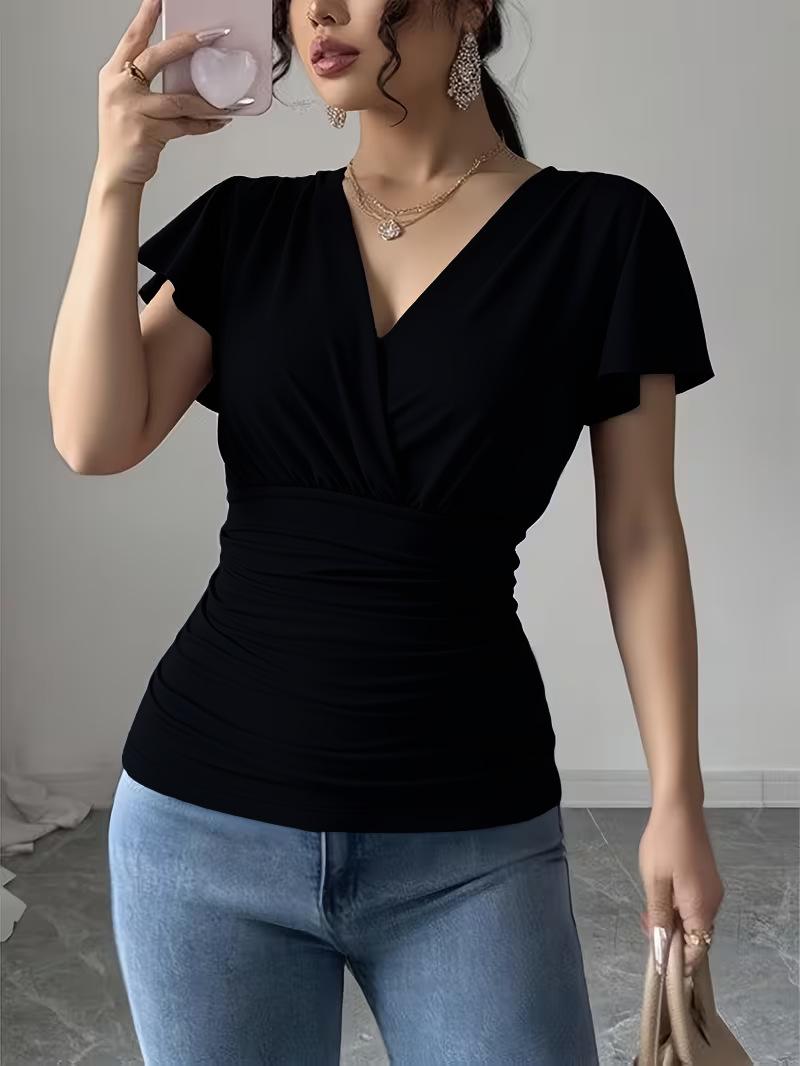 Women s V Neck Ruffle Sleeve Ruched Waist Slim Fit Casual Blouse S чёрный