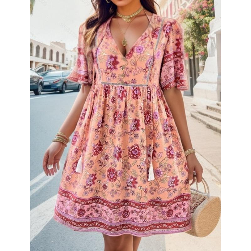 Women s Spring and Summer Casual Vacation Printed Short Sleeve Dress S розовый