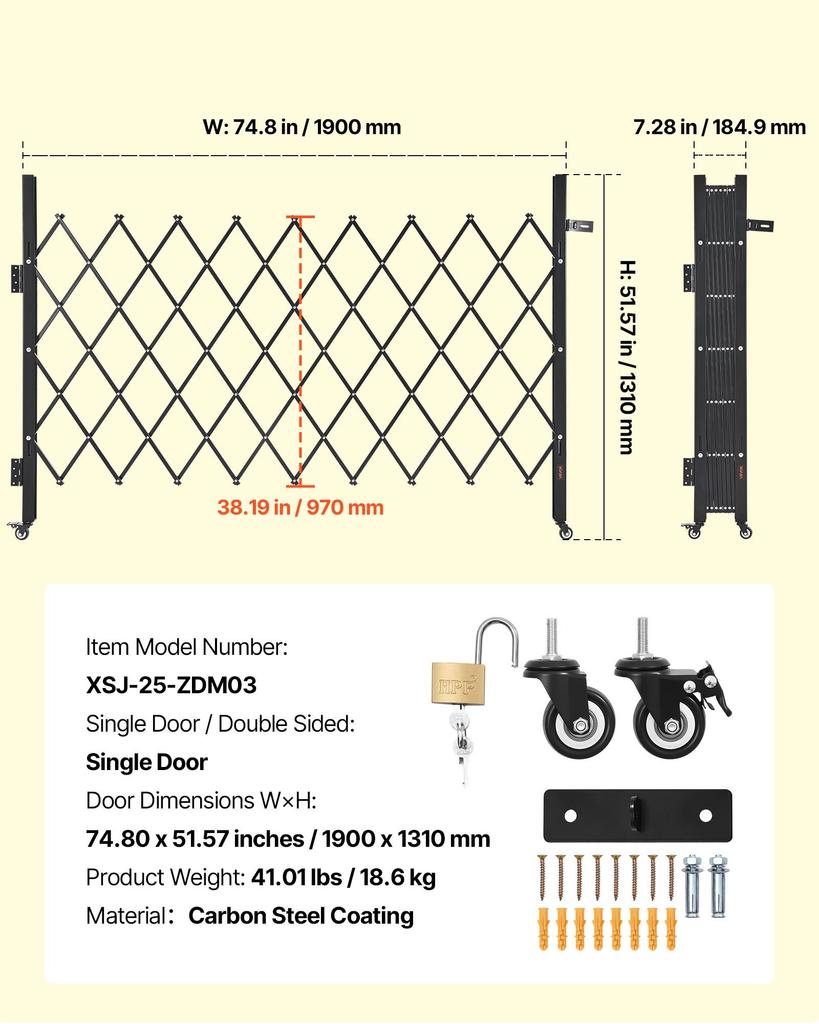 VEVOR Single Folding Security Gate, Lockable Scissor Gate with 360 degrees Swivel Casters, Outdoor Barricade Steel Retractable Gates