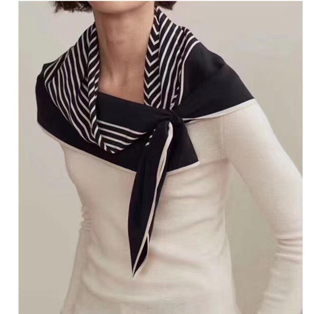 Nordic style tot silk double crepe square scarf niche simple black and white striped silk scarf