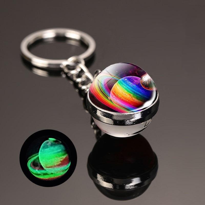 Luminous Sun Nine Planets Jupiter Milky Way Galaxy Keychain Pendant Round Double Sided Earth Keychain Bag Hanging Decor
