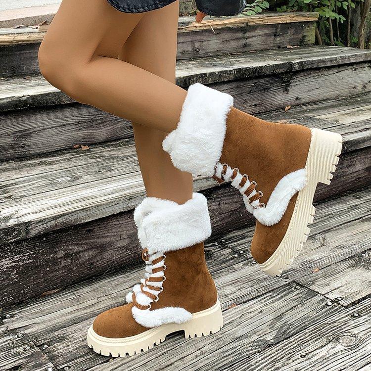 Large Size Autumn and Winter Fluffy Warm Thick-soled Medium Boots European and American Comfortable Round Head Lace-up Snow Boots Women