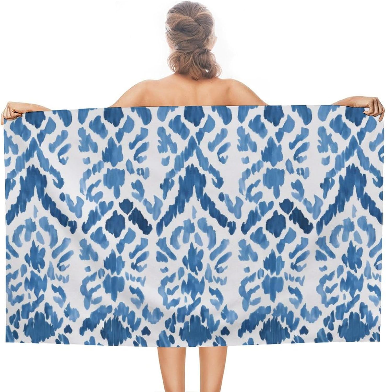 

Abstract Ikat Style Pattern Beach Bath Towel Compact Fade Resistant Cotton Pool Hotel Picnic Cruises Towels Vintage Blue Fresco W30*H60(CM)