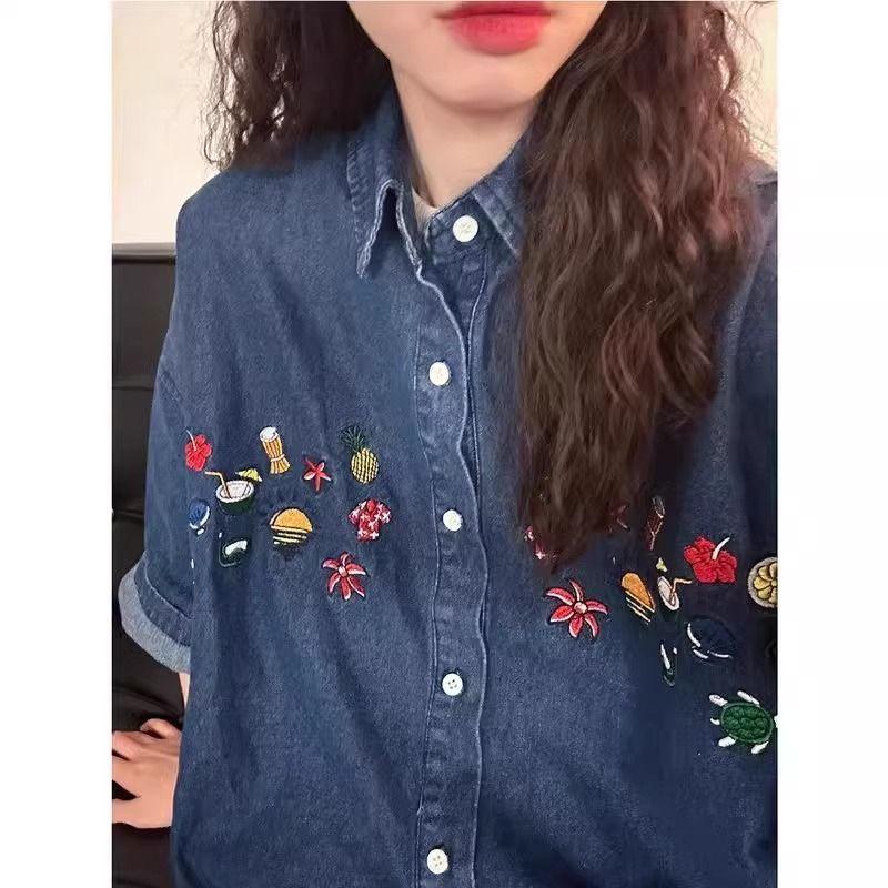 Women's Denim Short Sleeve Shirt Floral Embroidered Loose Fit Vintage Shirts Casual Button Down Comfort Summer Lady Top