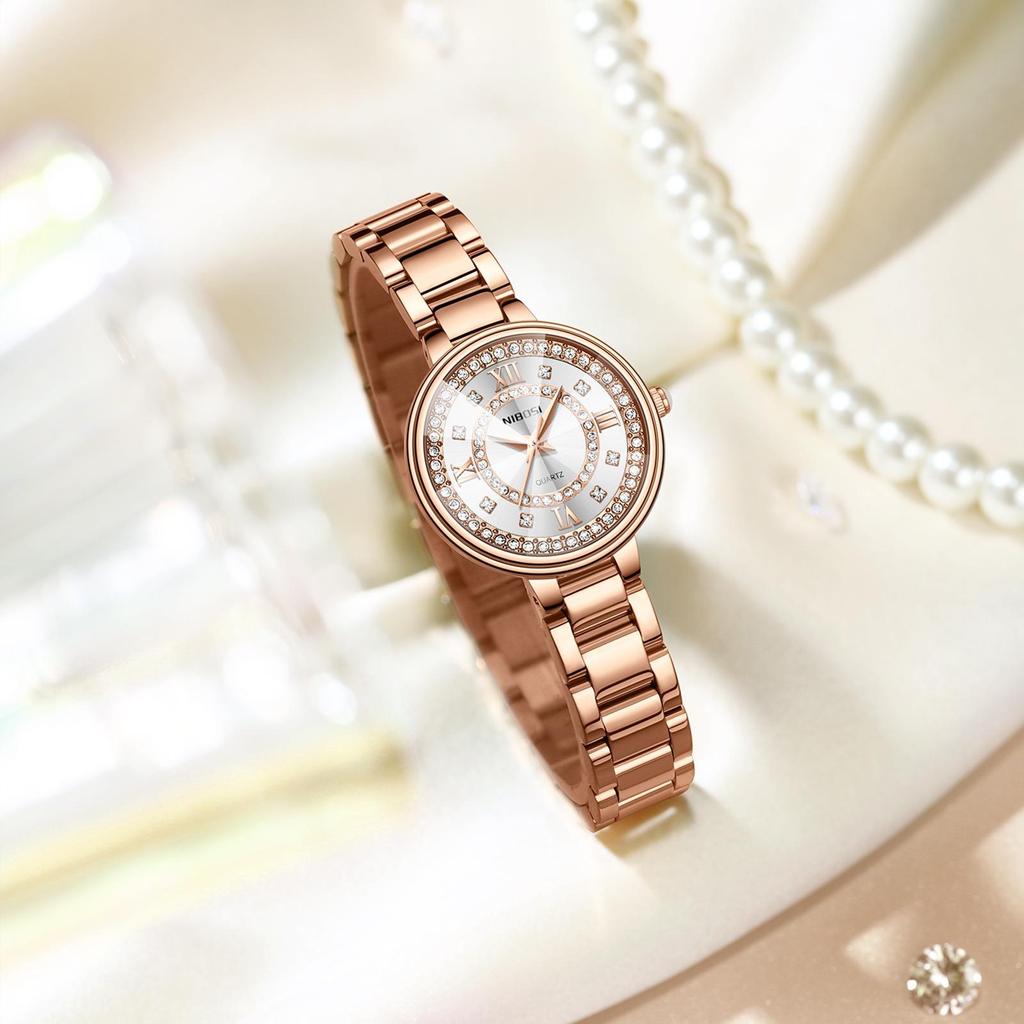 NIBOSI Diamond Dial Quartz Watch for Women Fashion Elegant Ladies Watches Stainless Steel Waterproof Women's Wristwatch