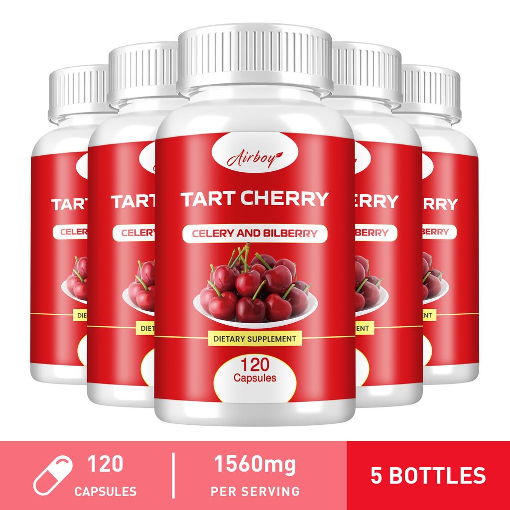 Airboy Organic Tart Cherry Extract Capsules, made with tart cherry concentrate and celery seed, suitable for adults.
