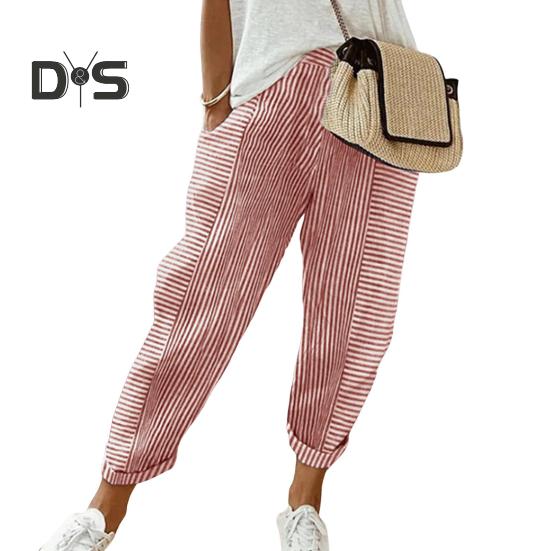 

Женские повседневные брюки с эластичной талией и средней посадкой, летние жаккардовые длинные брюки с карманами, полосатые брюки свободного кроя S розовый