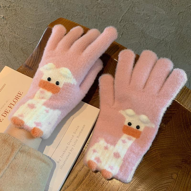 Cartoon Thermal Gloves Women Winter Thickened Cute Couple Student Cold Knitted Wool Riding Five Fingers