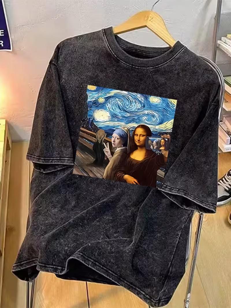 

Vintage Washed Tshirt with Fun World Famous Paintings Design PrintShortSleeve TShirtFashion Unisex Women Unisex Casual Tops S