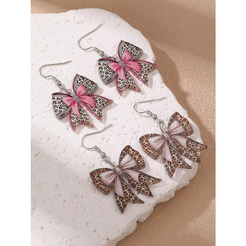 Fashionable Leopard Print Bow Acrylic Flat 2D Earrings, Versatile For Daily Wear And Party Accessories