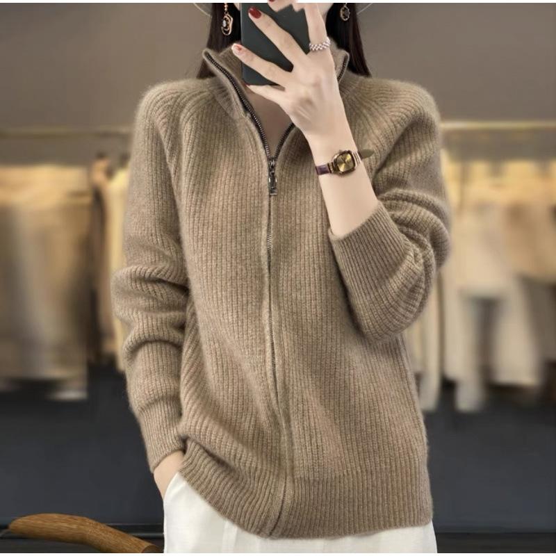 Spring Autumn and Winter Cardigan Women's Stand-up Collar Zipper Cardigan Thickened Cardigan Jacket Knit Sweater with Lazy Style