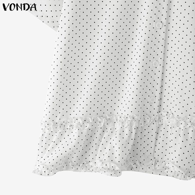 VONDA Women Lapel Collar Casual Short Sleeve Polka Dots Print Blouse