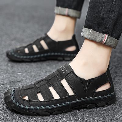 Sandals Summer Closed Toe Genuine Leather Outdoor Driving Men's Soft Bottom Non-Slip Wading Hollow Hole Sports Beach Shoes