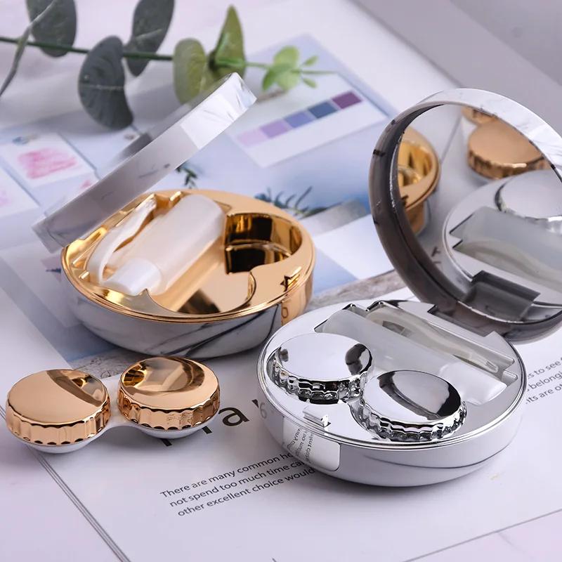 1PC - Round Marble Pattern Beauty Eye Contact Lens Box Dual Case Storage Lens Box Contact Lens Dual Case