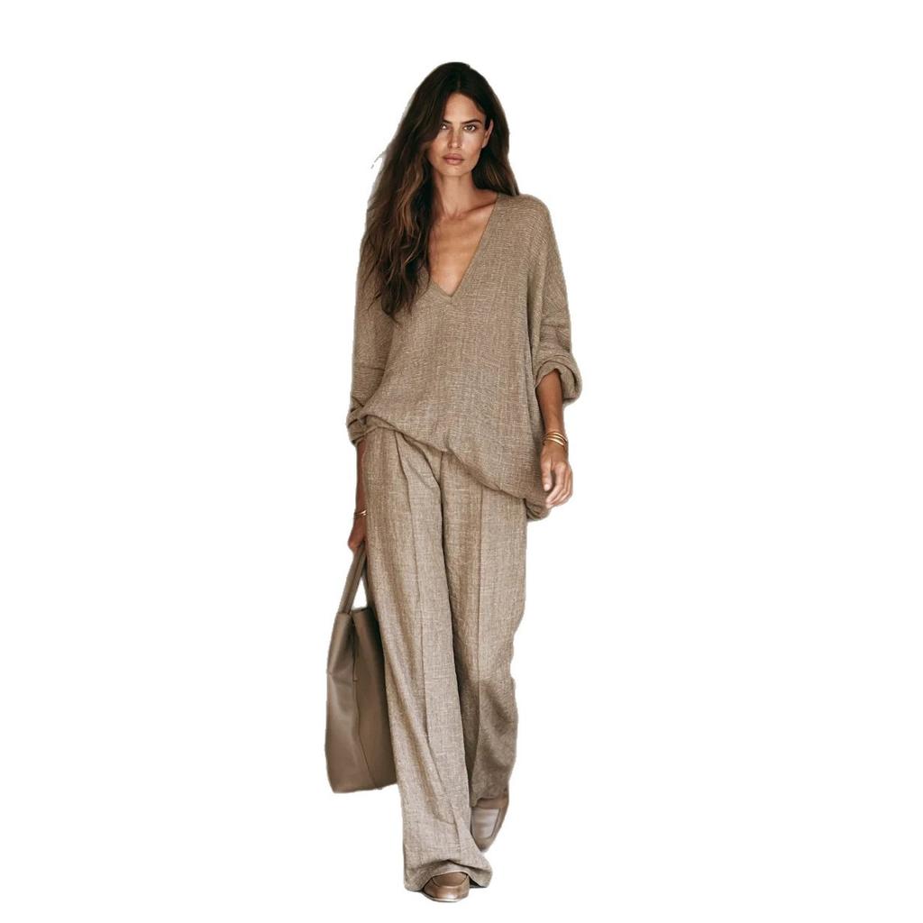 1116 European and American women's clothing lazy and relaxed V-neck long-sleeved top drape wide-leg pants old money style casual two-piece set