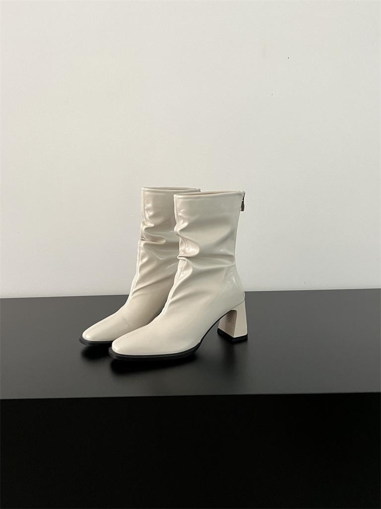 2025 new spring and autumn square head thick heel temperament French high heel elastic thin boots British style pleated stacking boots women