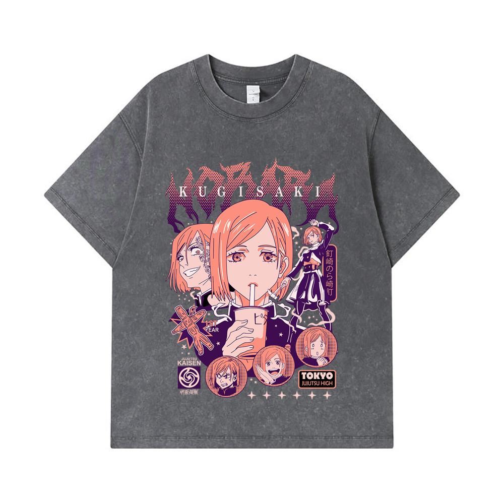 275 GSM Washed T-shirts 100% Cotton Jujutsu Kaisen V16 Nobara Print Unisex Heavy Cotton T Shirt