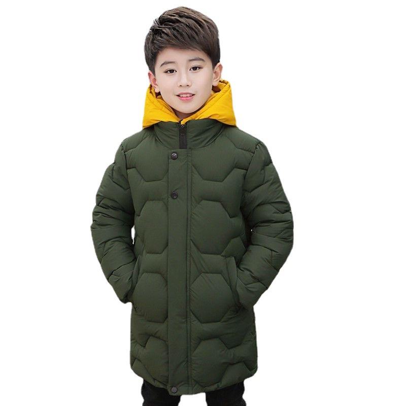 

Зимнее пальто средней длины для мальчиков из утолщенного хлопка с высоким воротником и капюшоном для детей среднего и большого возраста 130